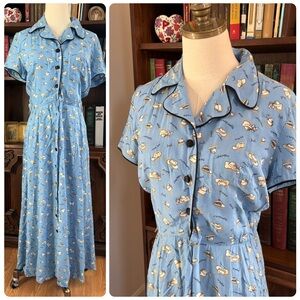 VTG R J STEVENS  Blue Hat Novelty Print Peter Pan Collar Shirtdress SZ MED